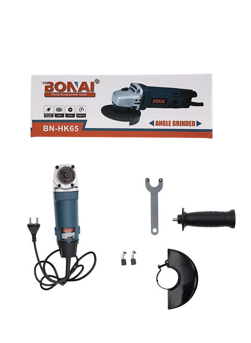 بوناي طاحونة زوايا BN-HK65 بقوة 1200 واط، قرص 115 مم، سرعة 10000 دورة في الدقيقة، ماكينة قطع وطحن كهربائية قوية مع مقبض جانبي، واقي أمان، صواميل فلانجة وفرش كربونية – أداة سلكية 220 فولت - Image 1