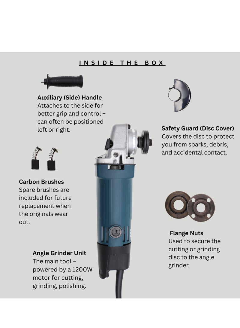 بوناي طاحونة زوايا BN-HK65 بقوة 1200 واط، قرص 115 مم، سرعة 10000 دورة في الدقيقة، ماكينة قطع وطحن كهربائية قوية مع مقبض جانبي، واقي أمان، صواميل فلانجة وفرش كربونية – أداة سلكية 220 فولت - Image 3