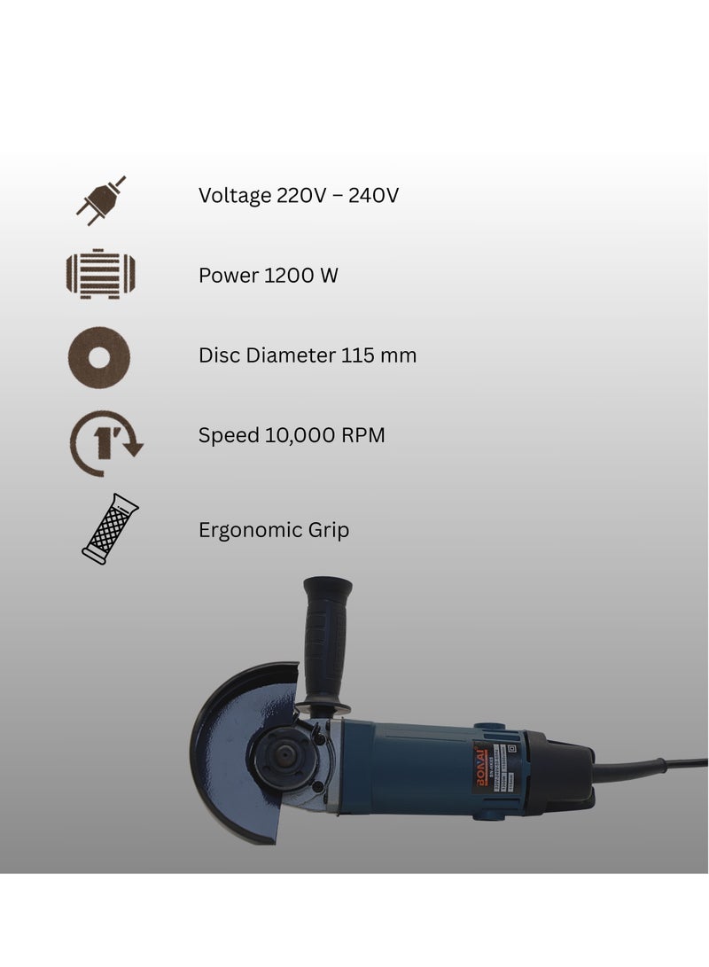 بوناي طاحونة زوايا BN-HK65 بقوة 1200 واط، قرص 115 مم، سرعة 10000 دورة في الدقيقة، ماكينة قطع وطحن كهربائية قوية مع مقبض جانبي، واقي أمان، صواميل فلانجة وفرش كربونية – أداة سلكية 220 فولت - Image 4