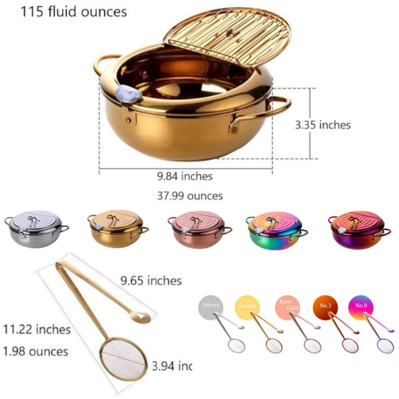 BOOTLION Stainless Steel Deep Fryer for Home, 115Oz Tempura Fryer Pot w/Thermometer and Oil Drip Rack Lid, Japanese Style Deep Frying Pan w/Strainer Clip, for Tempura chips, Fish, and Chicken (Rainbow Color) - Image 3