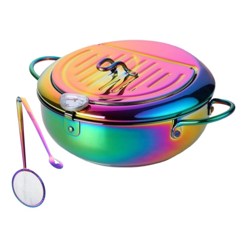 BOOTLION Stainless Steel Deep Fryer for Home, 115Oz Tempura Fryer Pot w/Thermometer and Oil Drip Rack Lid, Japanese Style Deep Frying Pan w/Strainer Clip, for Tempura chips, Fish, and Chicken (Rainbow Color) - Image 1