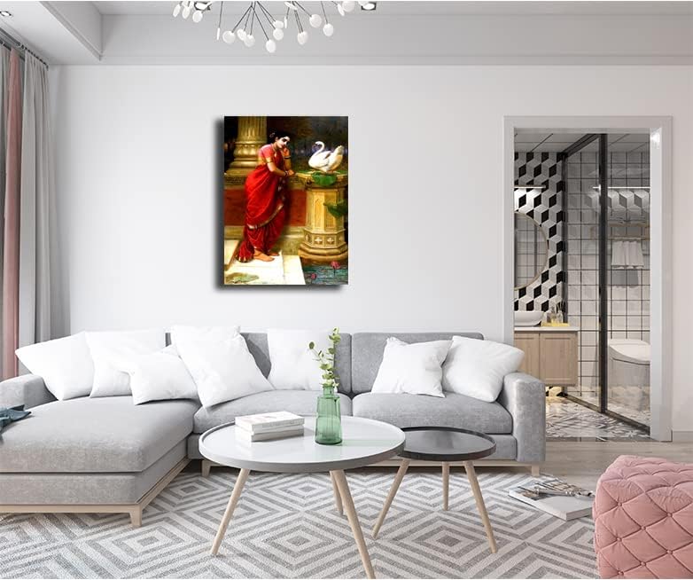 Sikhash Raja Ravi Varma Canvas Painting - Classic Indian Art, Hamsa Damayanti, Academic & Famous Artist Wall Art for Living Room, Unframed Fabric (12x8 Inches, 30x20 cm) a32 - Image 5