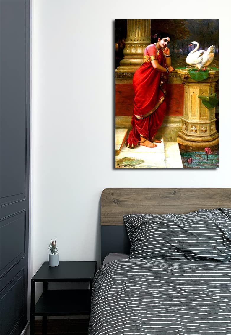 Sikhash Raja Ravi Varma Canvas Painting - Classic Indian Art, Hamsa Damayanti, Academic & Famous Artist Wall Art for Living Room, Unframed Fabric (12x8 Inches, 30x20 cm) a32 - Image 3