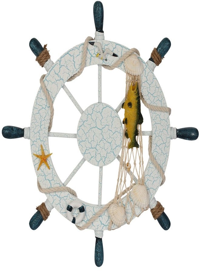Rienar Nautical Ship Steering Wheel - 11" Diameter Wooden Beach Home Wall Décor With Fishing Net/Shell/Fish/Starfish/Seagull - Image 1