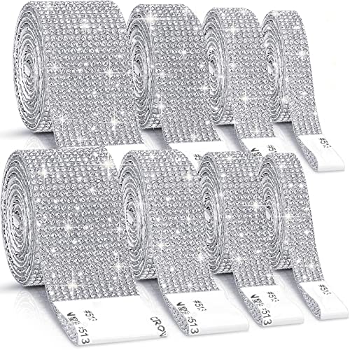 Cludoo 8 Rolls Rhinestone Ribbons,Cludoo 8 Yard Silver Self Adhesive Rhinestone Ribbon, Bling Crystal Diamond Ribbon Roll Wrap Glittering Rhinestones Sticker for Decoration Car DIY Arts Crafts Wedding - Image 1