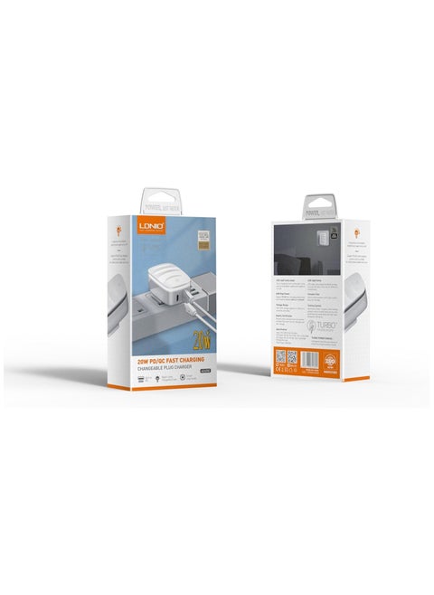 LDNIO A2425C Fast Wall Charger With Cable From USB To Lightning And PD Plus QC LED Lamp 25W - White