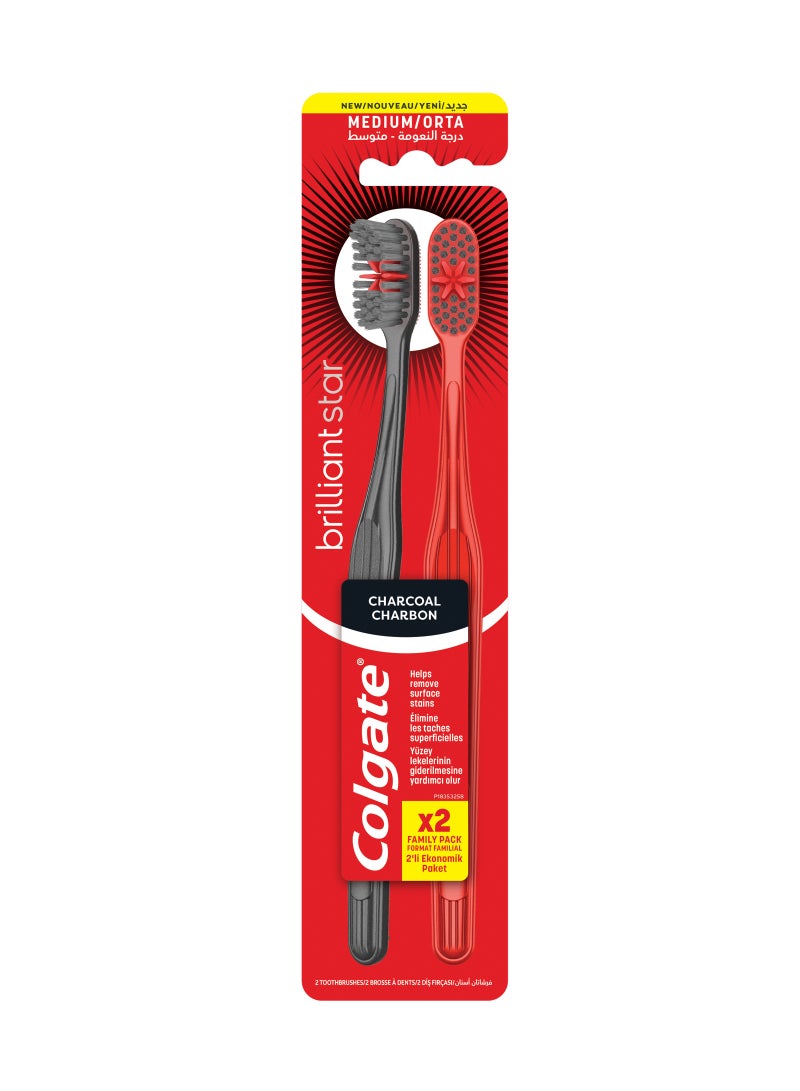 Brilliant Star Charcoal Charbon Medium Toothbrush Pack of 2