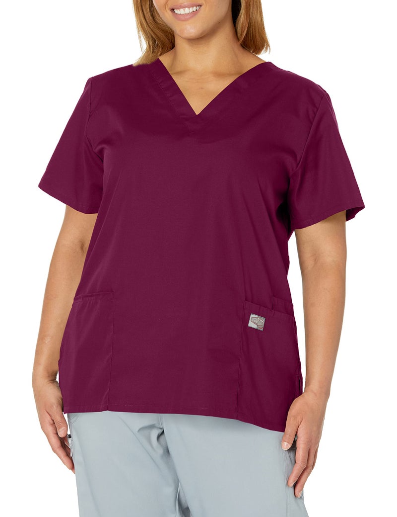 Landau Scrub Zone Relaxed Fit 2-Pocket V-Neck Scrub Top for Women 70221 Wine - Image 1