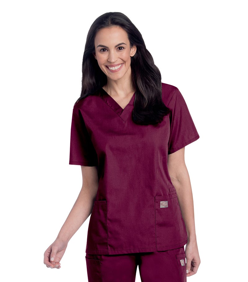 Landau Scrub Zone Relaxed Fit 2-Pocket V-Neck Scrub Top for Women 70221 Wine - Image 4
