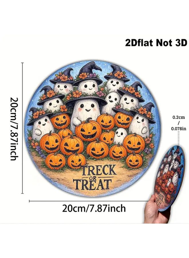 Vintage Halloween Round Wooden Sign Wreath With Three Ghosts Trick Or Treat 1pc - Image 3