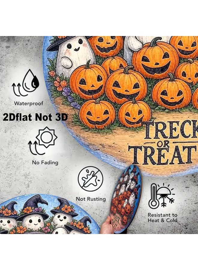 Vintage Halloween Round Wooden Sign Wreath With Three Ghosts Trick Or Treat 1pc - Image 4