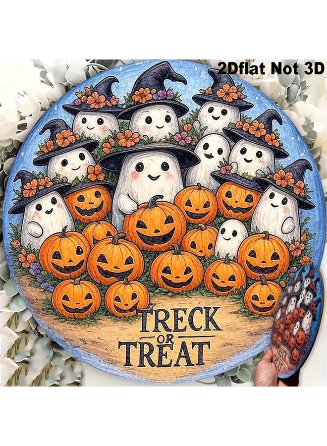 Vintage Halloween Round Wooden Sign Wreath With Three Ghosts Trick Or Treat 1pc - Image 5