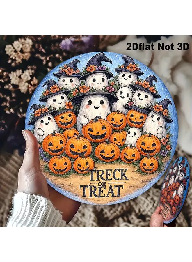 Vintage Halloween Round Wooden Sign Wreath With Three Ghosts Trick Or Treat 1pc - Image 2