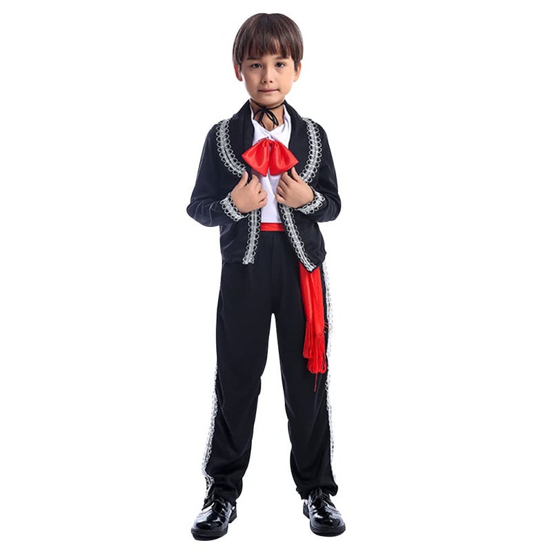 STIOEDYUAN Kids Mexican Costume Folklorico Cinco De Mayo Amigo Day Of The Dead Mariachi Halloween Cosplay Outfit Fiesta Black XSmall - Image 3