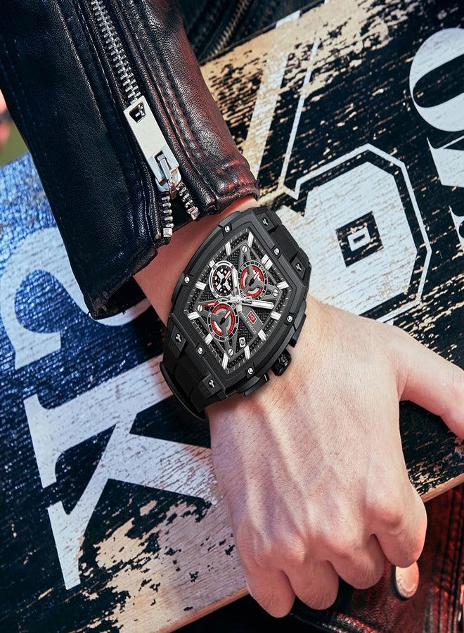 MF MINI FOCUS Men's Watch Analog Waterproof Fashion Date Wrist Watch, Skeleton Tonneau Watch for Men with Chronograph,Ideal for Sports Enthusiasts and Daily Wear - Perfect Gifts for Men, All_Black - Image 3