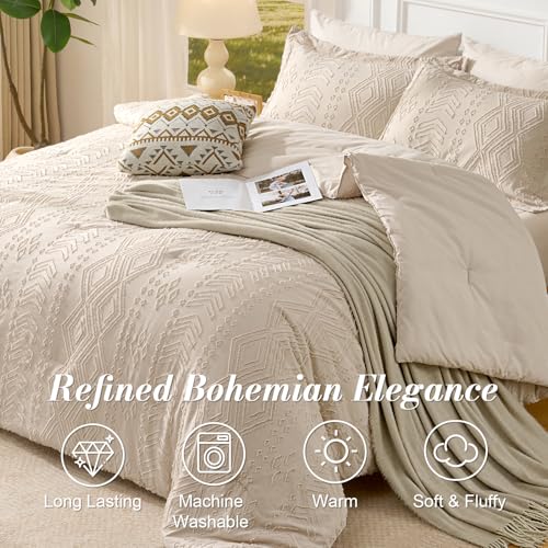 Jameswish Queen Comforter Set - Bed in a Bag Boho Summer Bed Set, 7 Pieces Soft Fluffy Lightweight Queen Comforter for All Seasons,Gifts for Woman, Farmhouse Shabby Chic Embroidered Bedding - Image 3