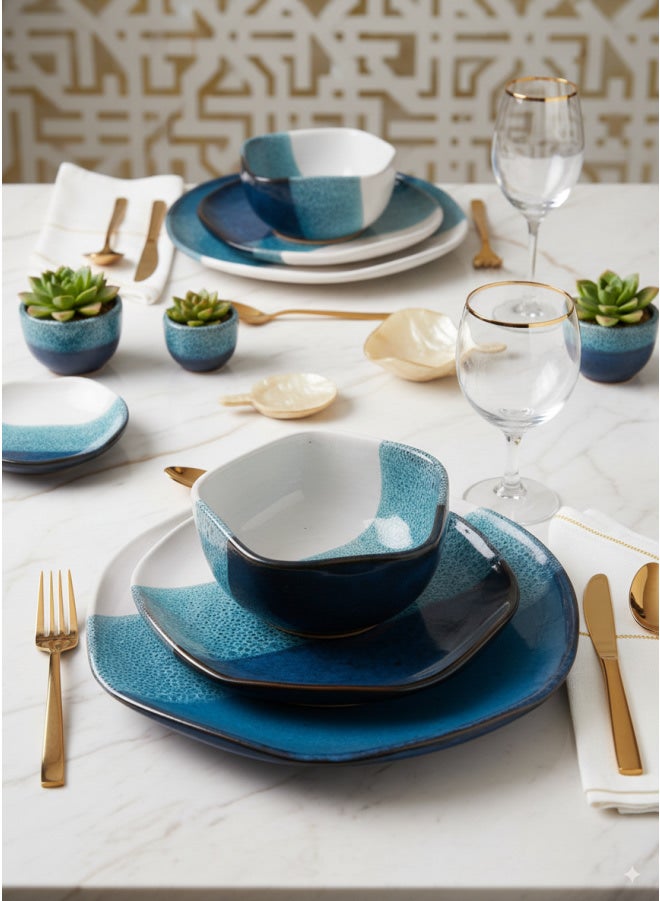 CASA HOME CasaHome 3-Piece Pottery Stoneware Dinner Set Ocean Reactive Glaze Organic Square Plates Bowl Egypt - Image 2