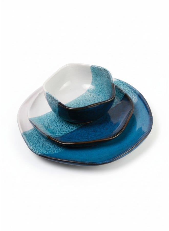 CASA HOME CasaHome 3-Piece Pottery Stoneware Dinner Set Ocean Reactive Glaze Organic Square Plates Bowl Egypt - Image 1