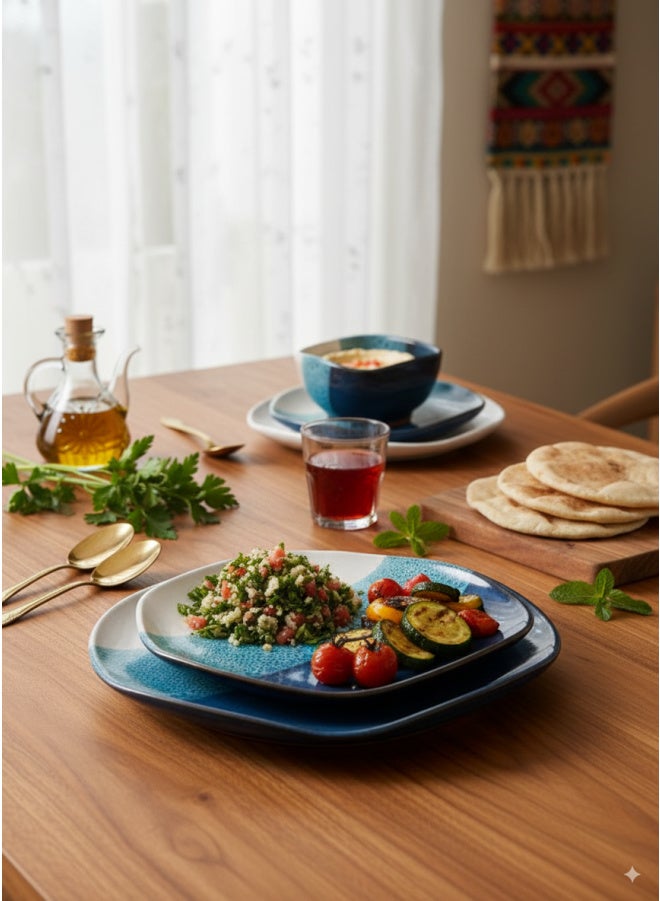 CASA HOME CasaHome 3-Piece Pottery Stoneware Dinner Set Ocean Reactive Glaze Organic Square Plates Bowl Egypt - Image 3