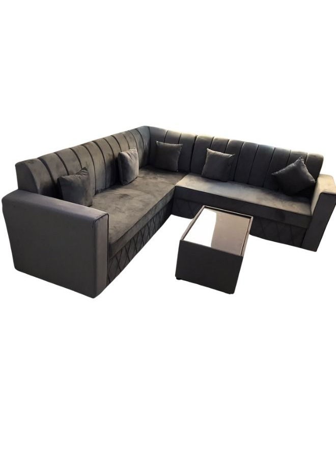 مهارة البحر - طقم كنب مخمل على شكل حرف L مع وسادة وطاولة - بني فاتح / -250X80X80 - Image 1