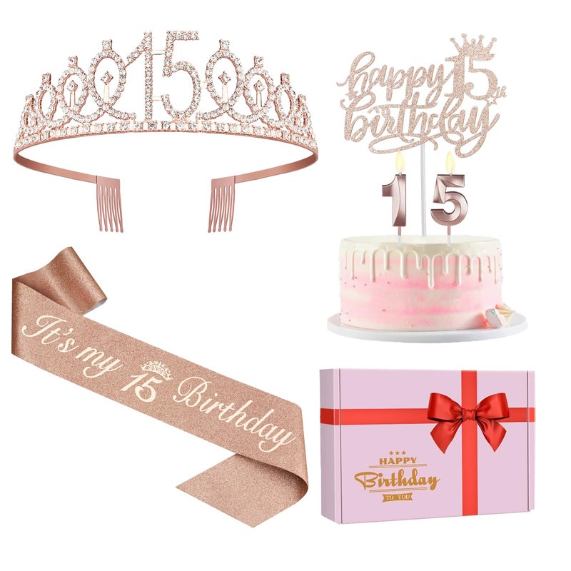 15th Birthday Decorations for Girls Including Sash CrownTiara Candles Cake Toppers 15th Birthday Gifts for Girls
