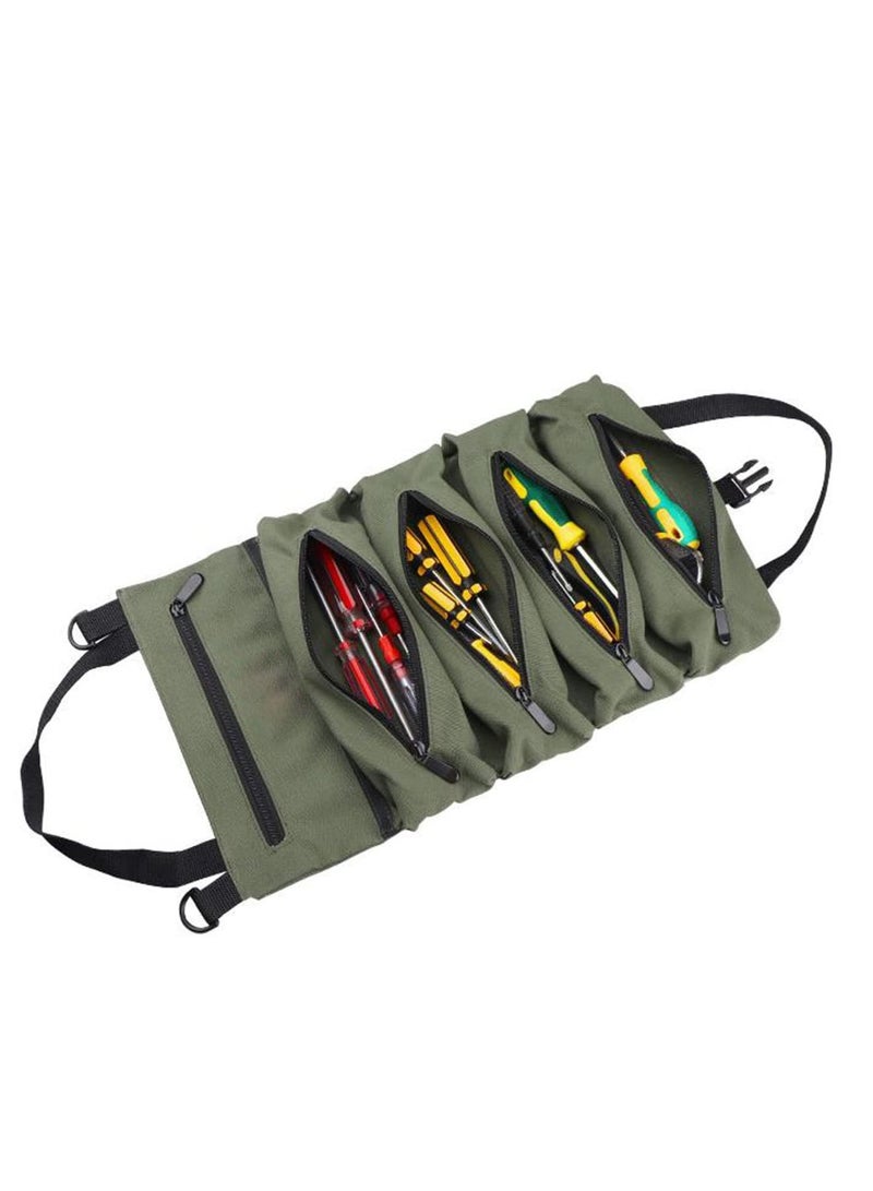 Zikra Roll Up Tool Bag Multi-Purpose Canvas Tool Roll Canvas Roll Up Pouch with 5 Zipper Pockets Wrench Roll Pouch - Image 1