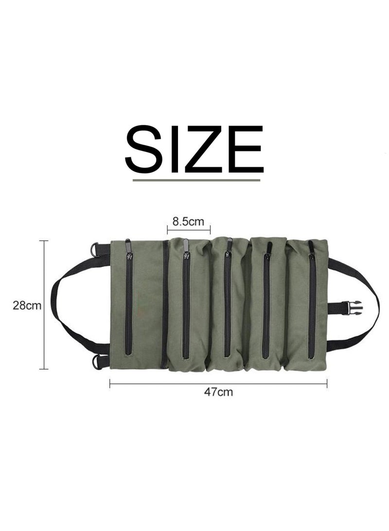 Zikra Roll Up Tool Bag Multi-Purpose Canvas Tool Roll Canvas Roll Up Pouch with 5 Zipper Pockets Wrench Roll Pouch - Image 3