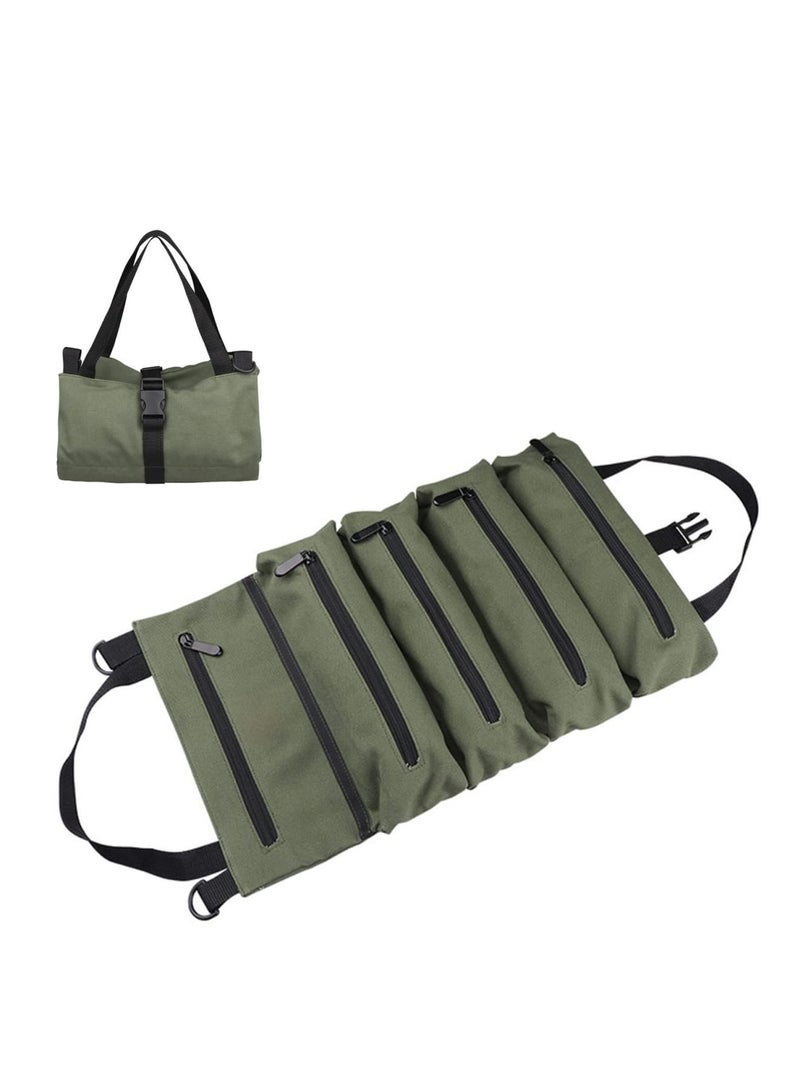 Zikra Roll Up Tool Bag Multi-Purpose Canvas Tool Roll Canvas Roll Up Pouch with 5 Zipper Pockets Wrench Roll Pouch - Image 2