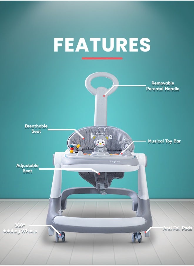 BAYBEE Magnum 2 in 1 Baby Walker for Kids, Baby Push Walker with Parental Push Handle, Adjustable Height Foldable Kids Walker with Tray & Musical Toy Toddler Walker for Baby 6-18 Months Boy Girl Grey  - Image 4