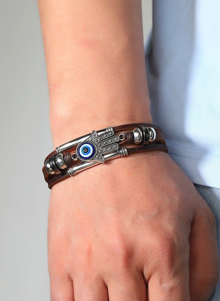 JEEJPV Men's Leather Rope Bracelet Eye Braided Leather Bracelet Brown - Image 1