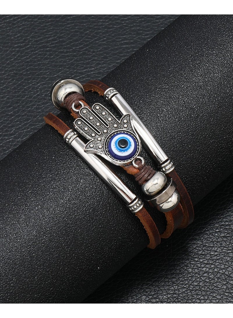 JEEJPV Men's Leather Rope Bracelet Eye Braided Leather Bracelet Brown - Image 2