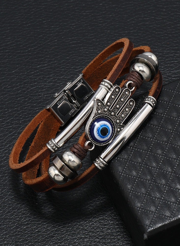 JEEJPV Men's Leather Rope Bracelet Eye Braided Leather Bracelet Brown - Image 4