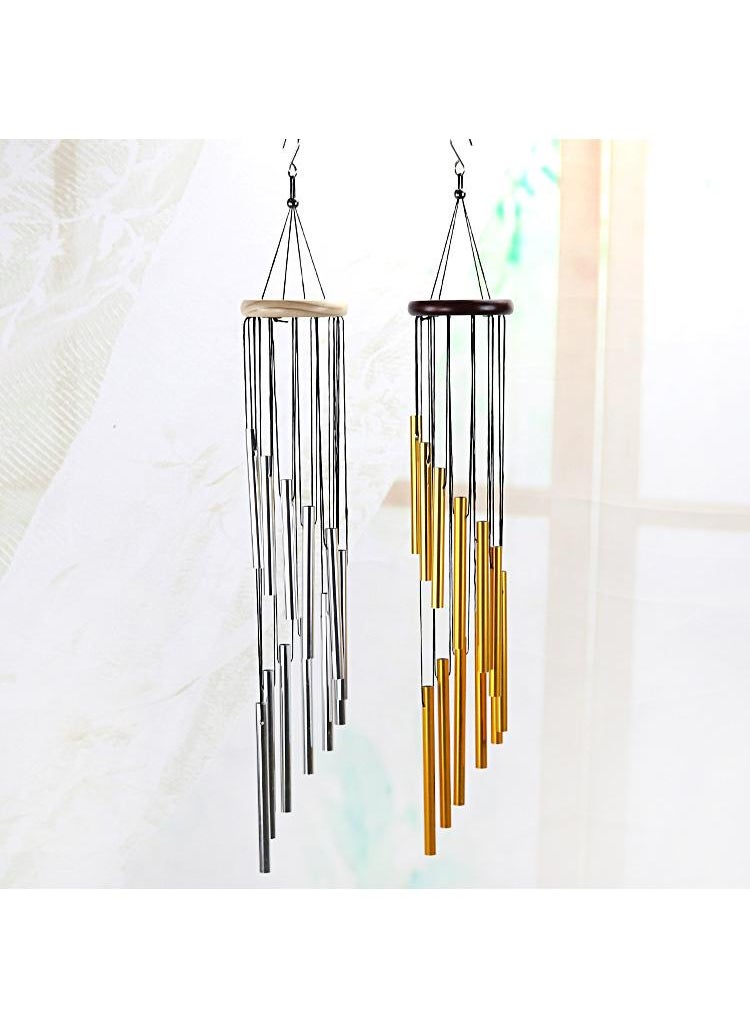 Y&D Metal Multi-tube 12-tube Wind Bell Balcony Outdoor Hanging Bell-White Wood Silver Tube  - Image 2