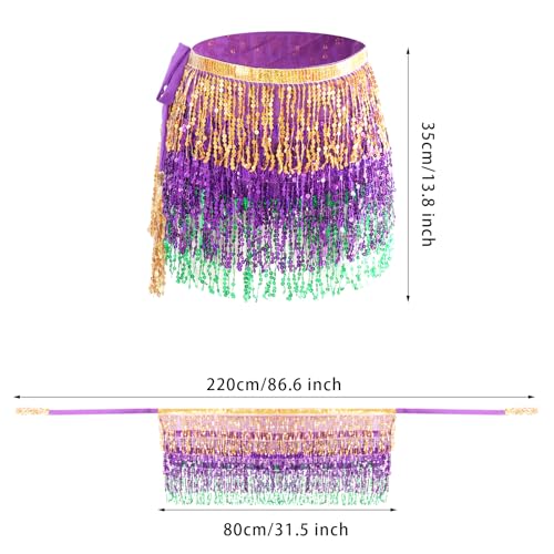 SUMERSHA Belly Dance Hip Scarf Sequin Tassel Skirt Wrap Sparkly Rave Costume for Women (Gold, Purple, Green) - Image 4