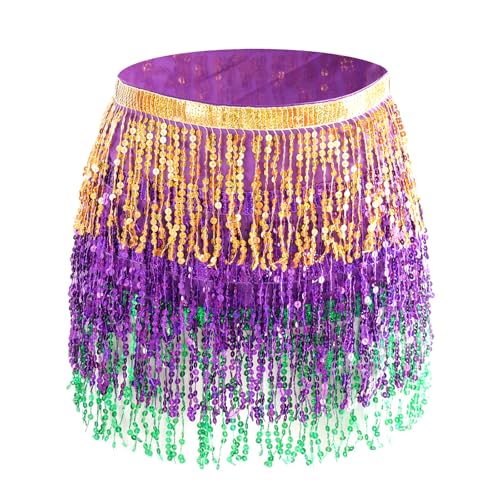 SUMERSHA Belly Dance Hip Scarf Sequin Tassel Skirt Wrap Sparkly Rave Costume for Women (Gold, Purple, Green) - Image 1