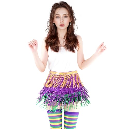 SUMERSHA Belly Dance Hip Scarf Sequin Tassel Skirt Wrap Sparkly Rave Costume for Women (Gold, Purple, Green) - Image 2