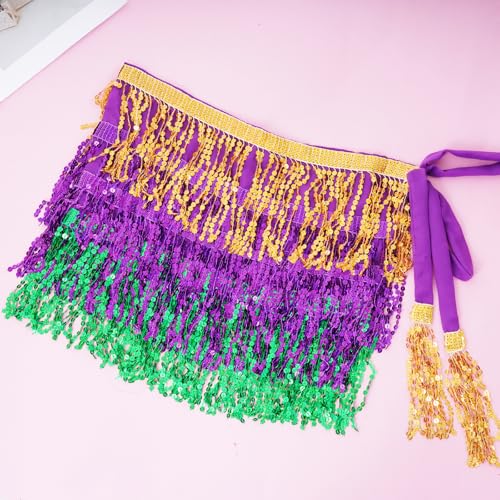 SUMERSHA Belly Dance Hip Scarf Sequin Tassel Skirt Wrap Sparkly Rave Costume for Women (Gold, Purple, Green) - Image 3