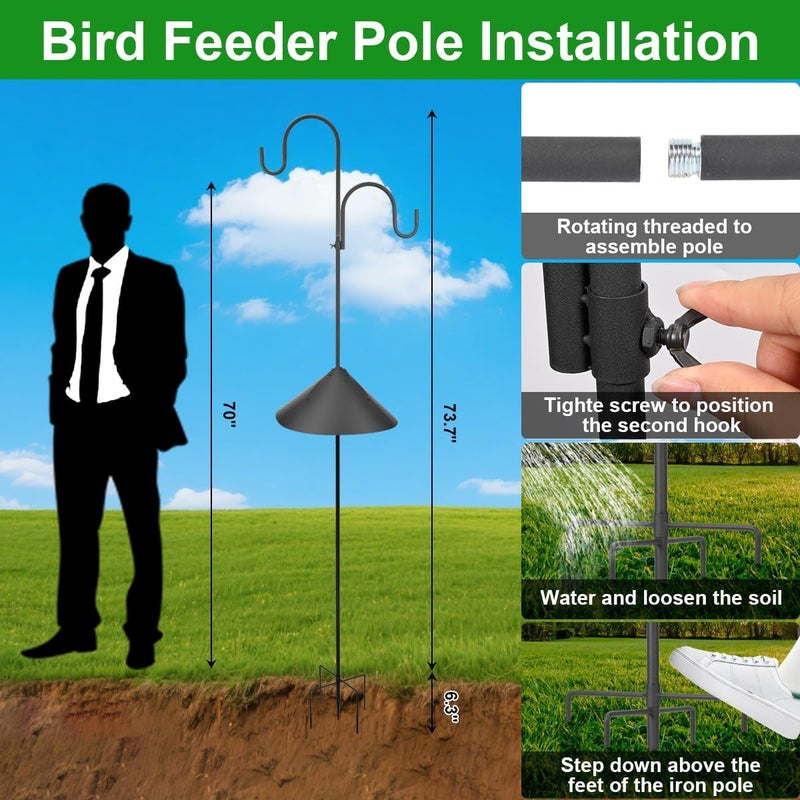MISPACIO Bird Feeder Pole with Squirrel Baffle, 80" Tall Heave Duty Pole with Double Shepherd Hook 5 Prongs Base for Outdoor Hummingbird Feeders (No Bird Feeder) - Image 2