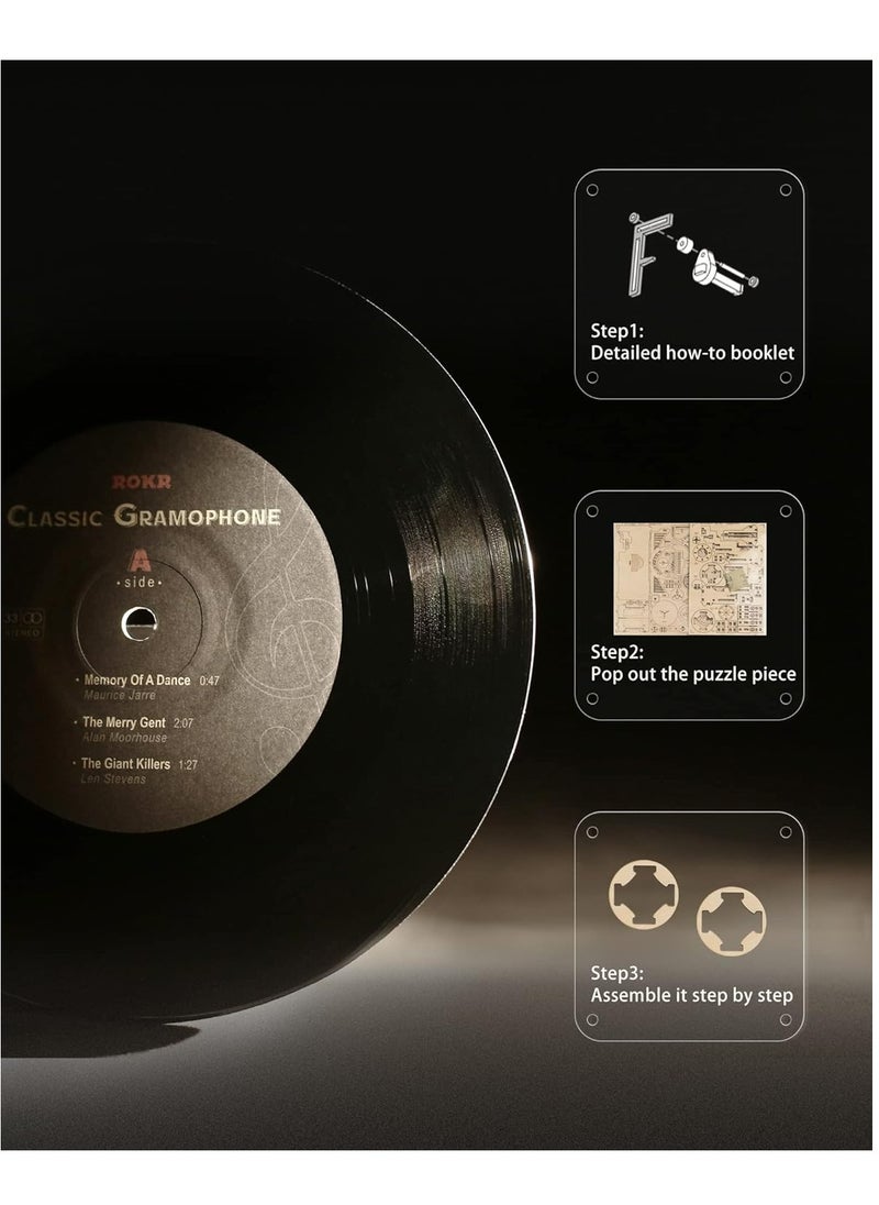Robotime ROKR DIY Crank Classic Gramophone LKB01D （Electric rotate mode & Hand rotate mode,3D Wooden Puzzles for Adults/Teens, Creative Home Decor, Unique Gift for Craft Hobby Adults/Teens  - Image 3