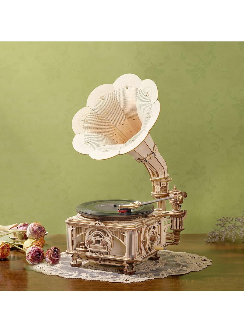Robotime ROKR DIY Crank Classic Gramophone LKB01D （Electric rotate mode & Hand rotate mode,3D Wooden Puzzles for Adults/Teens, Creative Home Decor, Unique Gift for Craft Hobby Adults/Teens  - Image 2