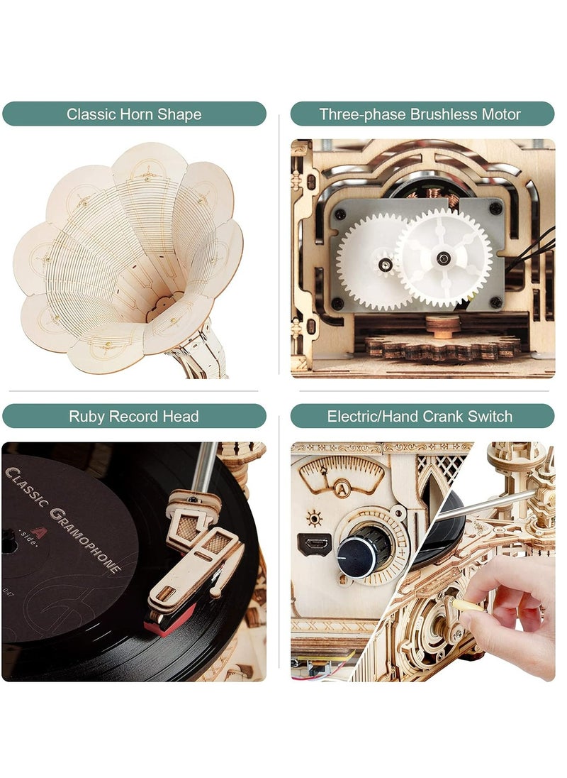 Robotime ROKR DIY Crank Classic Gramophone LKB01D （Electric rotate mode & Hand rotate mode,3D Wooden Puzzles for Adults/Teens, Creative Home Decor, Unique Gift for Craft Hobby Adults/Teens  - Image 5