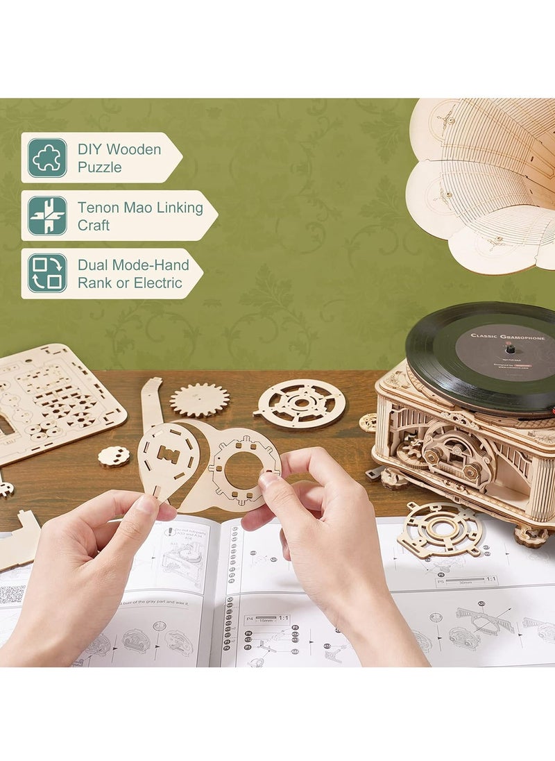 Robotime ROKR DIY Crank Classic Gramophone LKB01D （Electric rotate mode & Hand rotate mode,3D Wooden Puzzles for Adults/Teens, Creative Home Decor, Unique Gift for Craft Hobby Adults/Teens  - Image 4