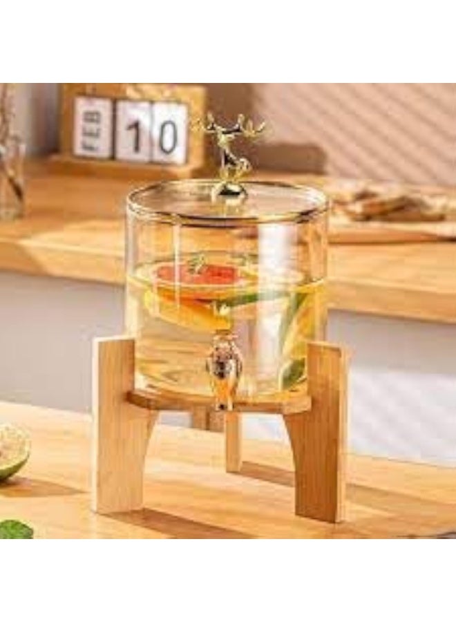 Glass beverage dispenser with wooden holder and golden tap + 4 cups - Image 2