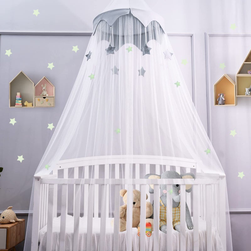 LOAOL Canopy for Kids Bed with Stars Crib Canopy with Dome Elegant Net Hanging Fairy Girl Bed Canopy Princess Room Decoration Reading Nook Corner Curtain Fits Full Crib Twin Queen Play Castle Tent