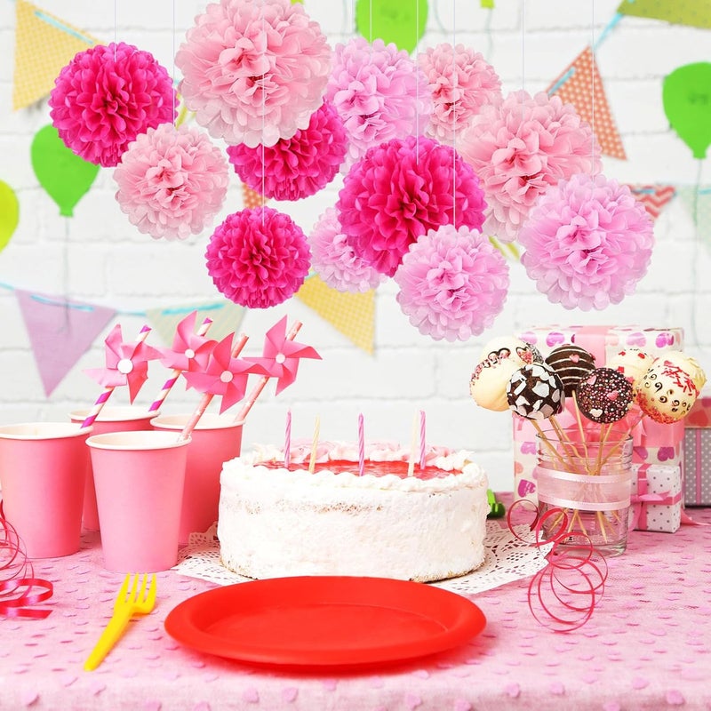 Zankubom 18 PCS Tissue Paper Pom Poms, Tissue Pom Poms Flowers, Sizes of 6", 10", 12", 14" Hanging Paper Flower Ball for Wedding, Birthday, Gender Reveal, Baby Shower Party Decor (Pink Set) - Image 5