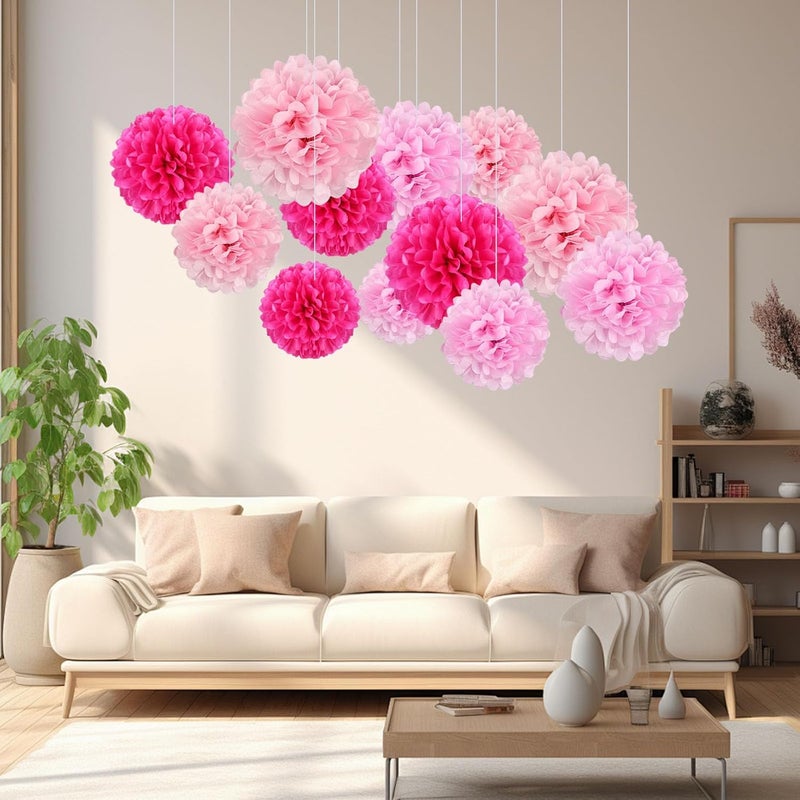 Zankubom 18 PCS Tissue Paper Pom Poms, Tissue Pom Poms Flowers, Sizes of 6", 10", 12", 14" Hanging Paper Flower Ball for Wedding, Birthday, Gender Reveal, Baby Shower Party Decor (Pink Set) - Image 3