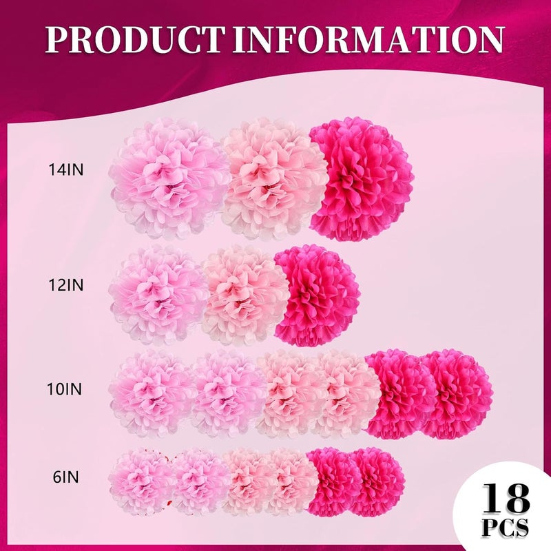 Zankubom 18 PCS Tissue Paper Pom Poms, Tissue Pom Poms Flowers, Sizes of 6", 10", 12", 14" Hanging Paper Flower Ball for Wedding, Birthday, Gender Reveal, Baby Shower Party Decor (Pink Set) - Image 2