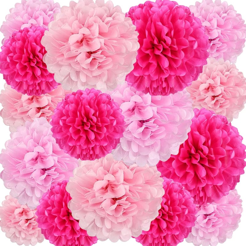 Zankubom 18 PCS Tissue Paper Pom Poms, Tissue Pom Poms Flowers, Sizes of 6", 10", 12", 14" Hanging Paper Flower Ball for Wedding, Birthday, Gender Reveal, Baby Shower Party Decor (Pink Set) - Image 1