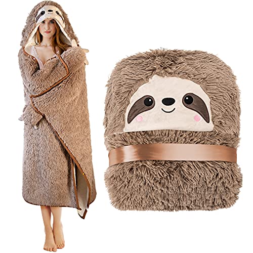 Happy Fuel Sloth Wearable Hooded Blanket for Adults - Fluffy Super Soft Shaggy Faux Fur, Fuzzy Warm Cozy Plush Furry Fleece & Sherpa Hoodie Throw Cloak Wrap - Sloth Gifts for Women Adults and Kids - Image 1