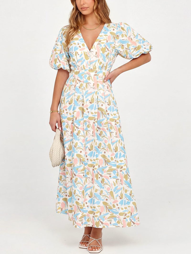 Maxigerui Women's Summer Floral Maxi Dress Spring Wedding Guest Dress 2026 Blue Multi Floral Print S - Image 5